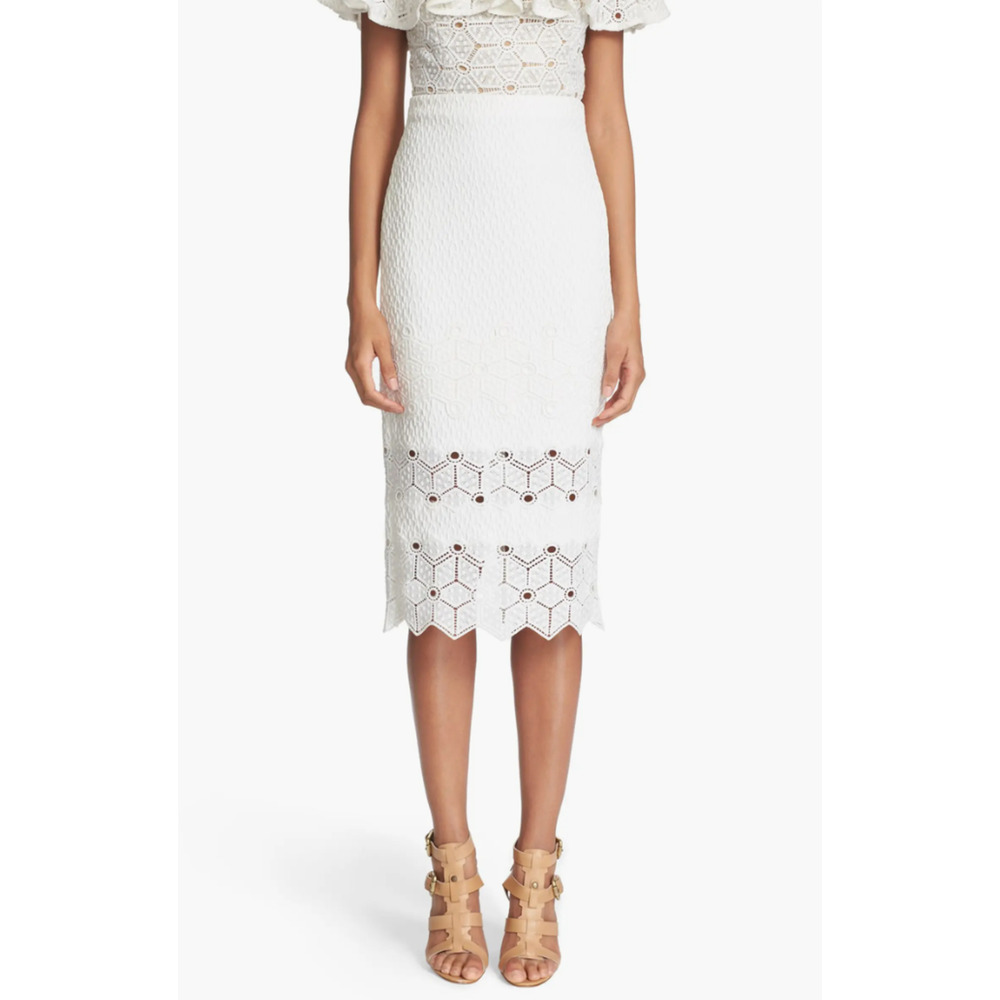 REBECCA TAYLOR Dia Midi White Lace Eyelet Pencil Skirt Nordstrom 6 NWOT $375